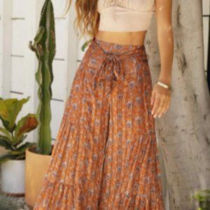 Tie Front Wide Leg Paisley Print Pleated Pants